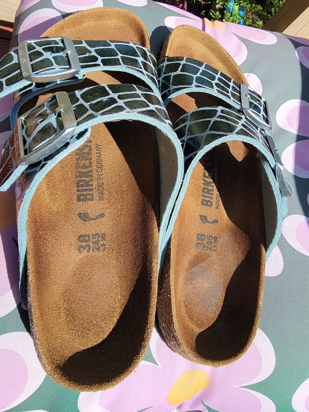 Birkenstock Two-Strap Sandals in Light Blue Croc-Embossed Print